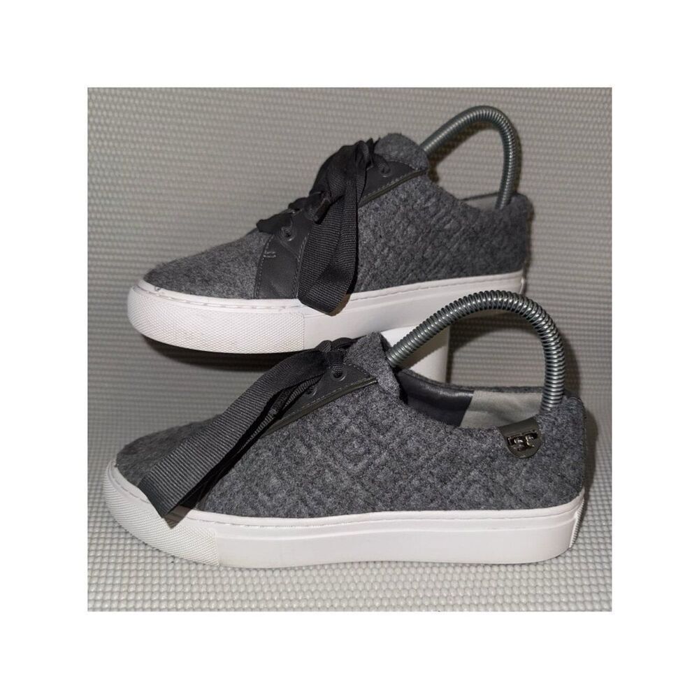 Tory Burch Marion Gray Quilted Fabric Sneakers Ribbon Laces Shoes Women Size 6M
